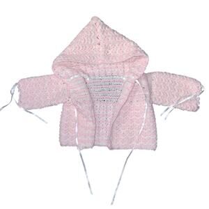 Baby Girl Hooded Jacket Crochet Pink White Ribbons